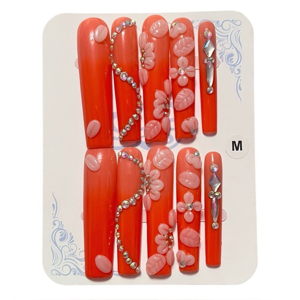 Stylish Handmade Coral Rhinestone 3D Flowers Extra Long Press-On Nails Size M